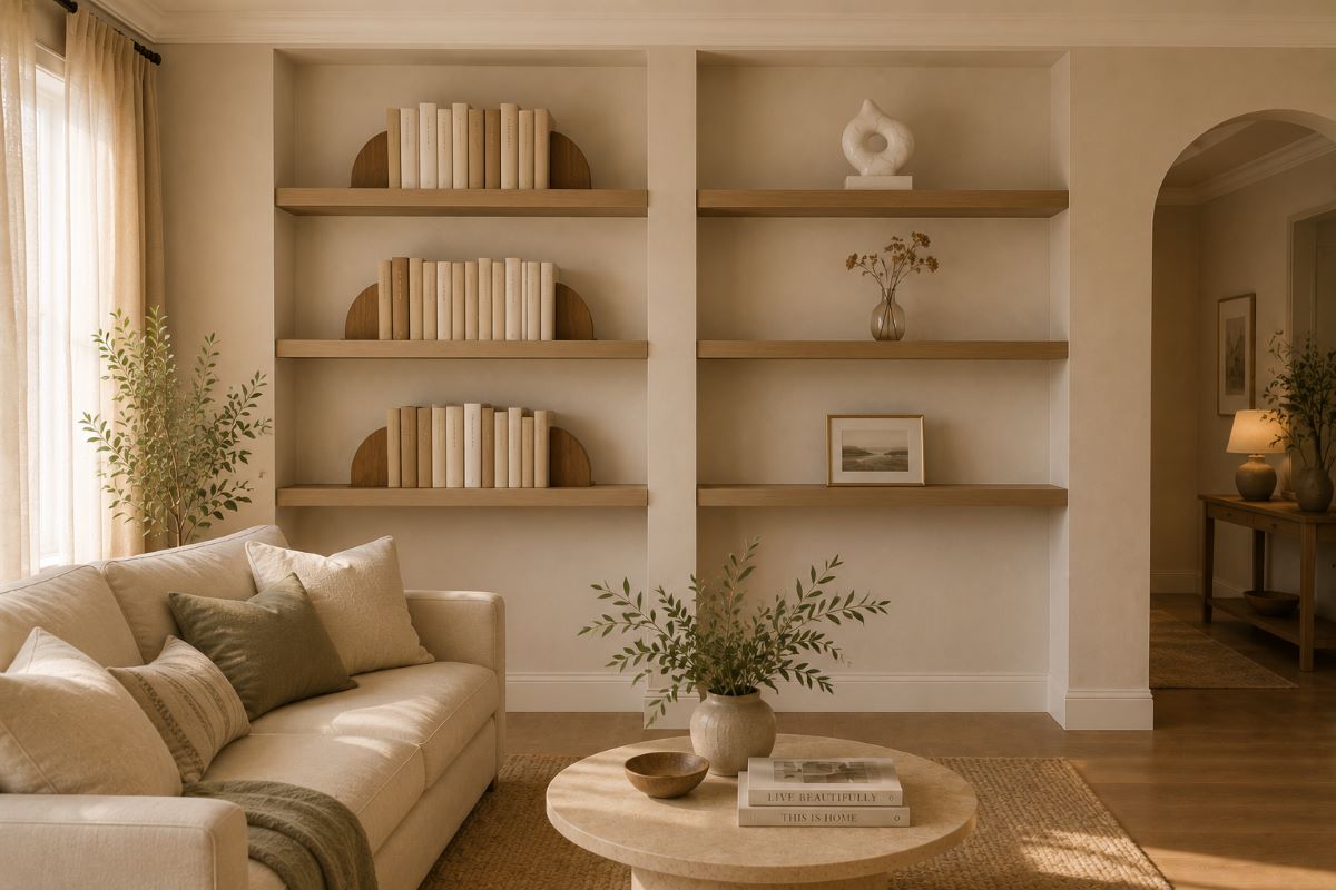 beige floating shelves decor ideas for modern interior