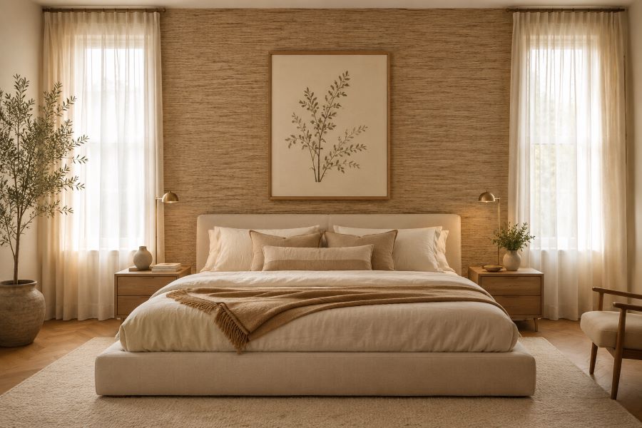 beige grasscloth wallpaper accent wall bedroom decor