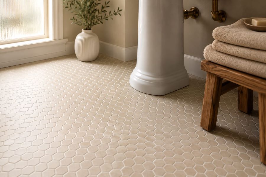 hexagon porcelain design floor with minimal bathroom