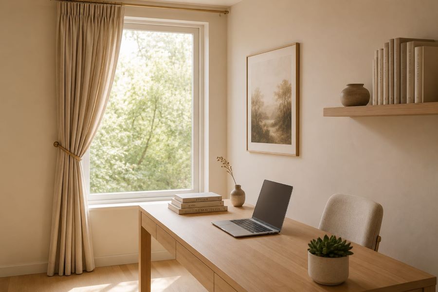 beige linen home office curtains natural light workspace