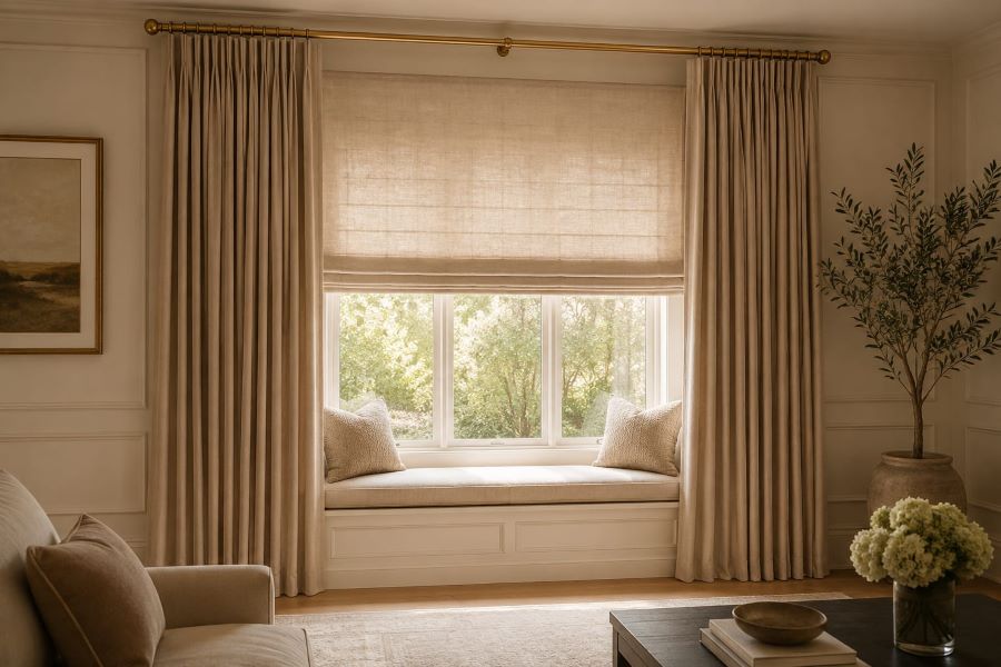 beige layered curtains roman blinds living room window