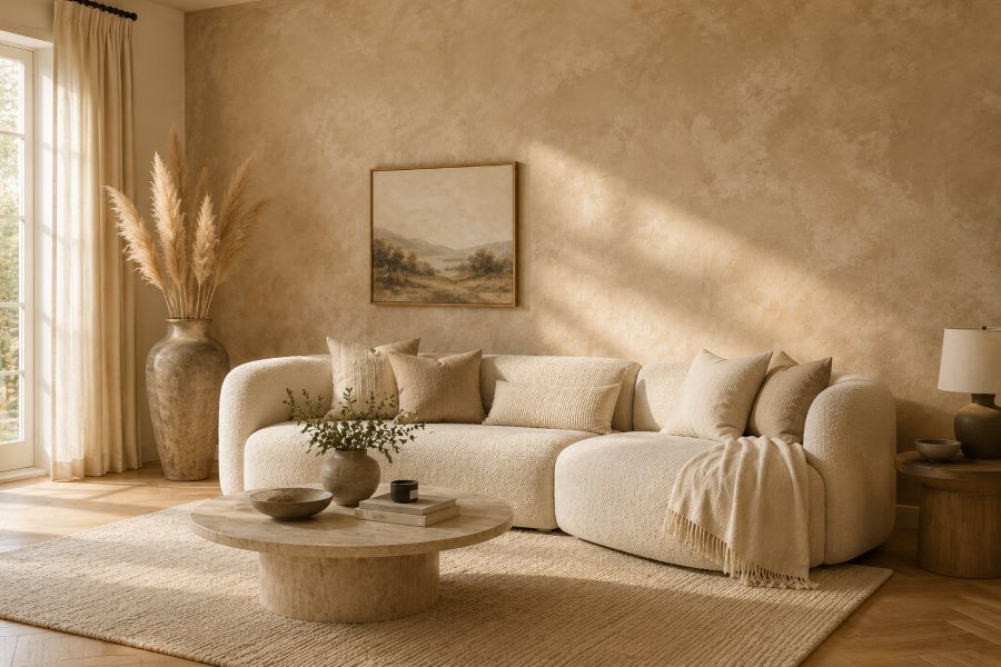  limewash  wall with quiet luxury living room