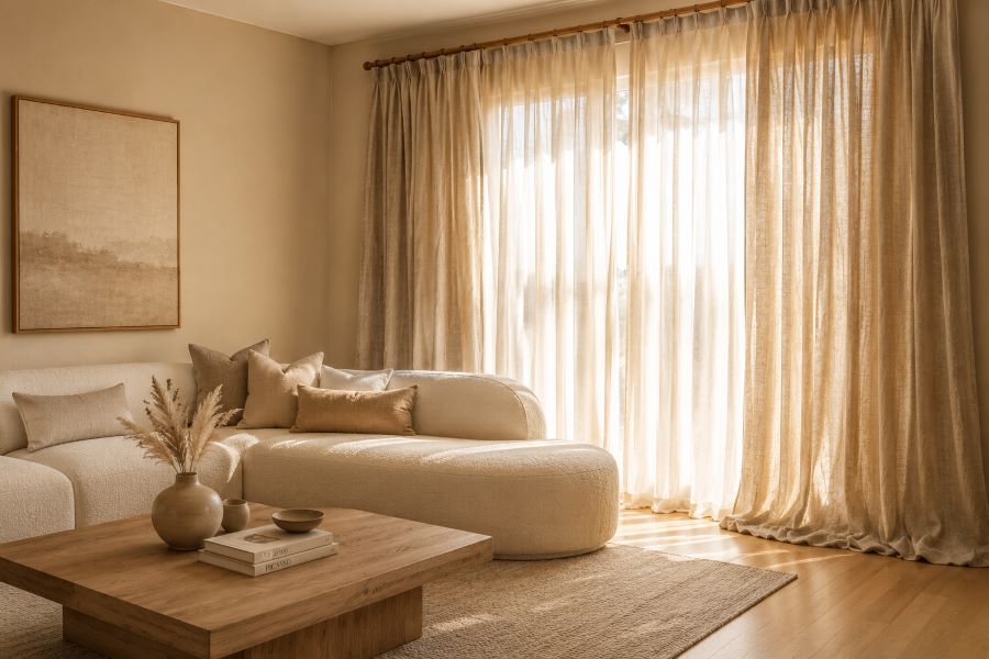 beige linen curtains living room wooden rod natural light
