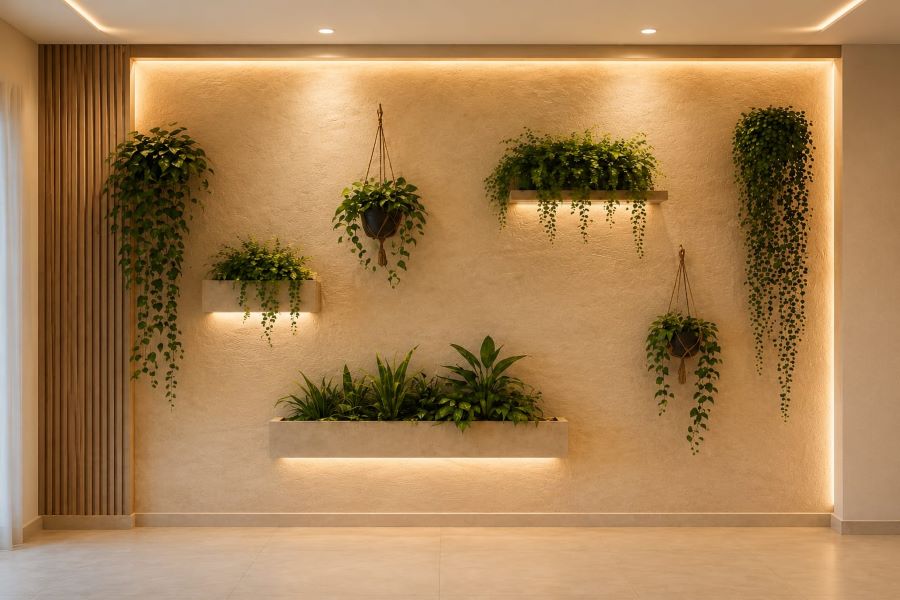  beige textured accent wall indoor plants LED lighting
