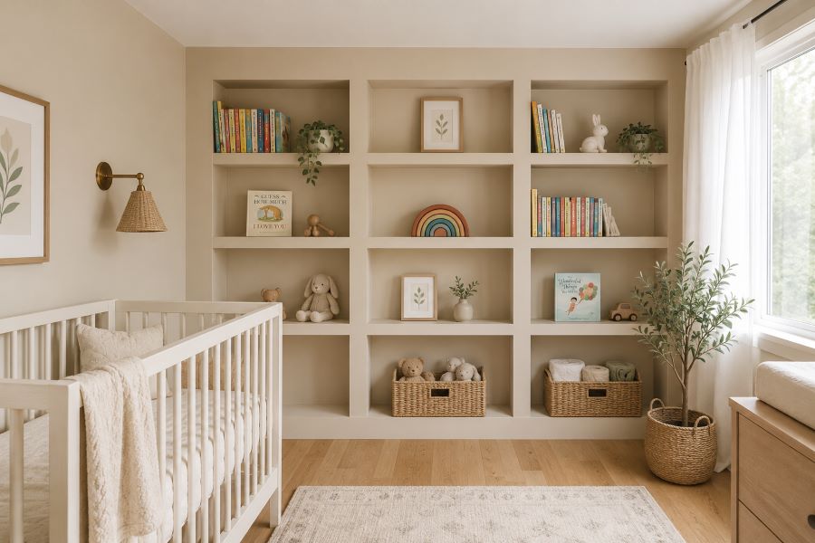 Beige nursery with seamless built-in shelving, books, toys and wicker baskets