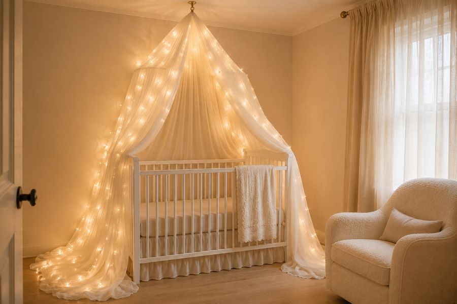 Sheer ivory canopy draped over white crib with fairy lights and chair