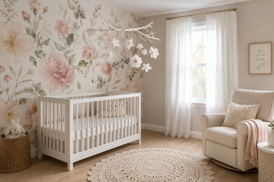 Soft botanical floral wallpaper accent wall and cream glider chair

