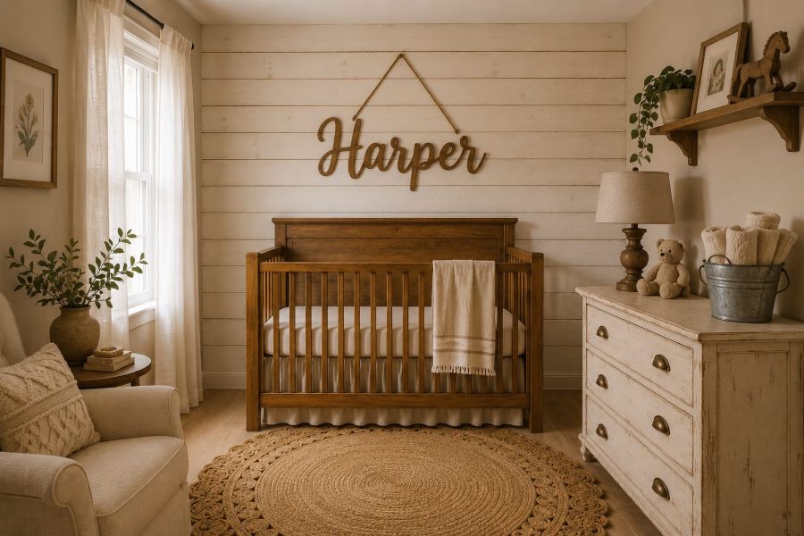 shiplap accent wall natural wood crib and dresser with jute rug