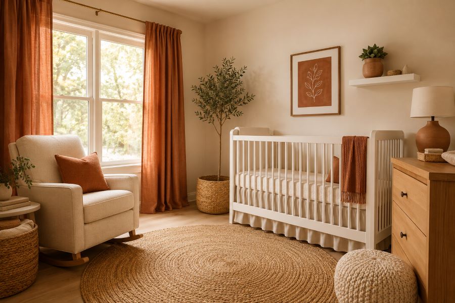 warm terracotta accents including terracotta curtains clay pot and cream rocking chair
