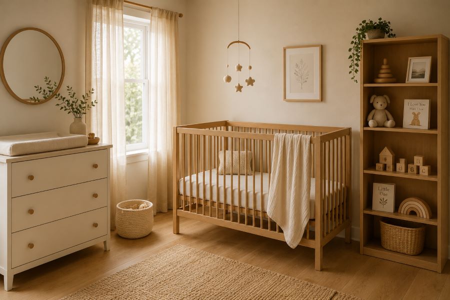 Beige nursery with wooden accents including a natural oak crib and round mirror