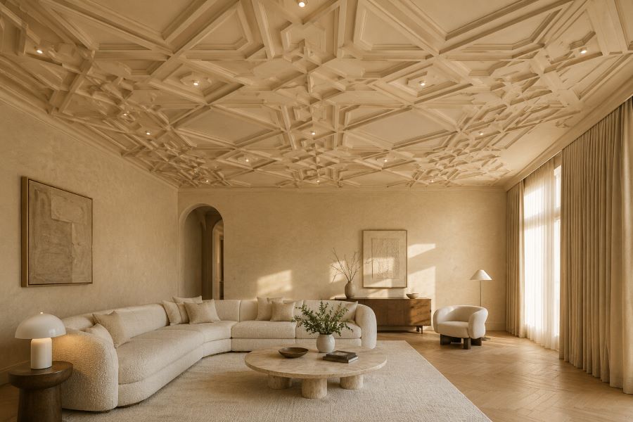beige plaster ceiling geometric detail quiet luxury interior
