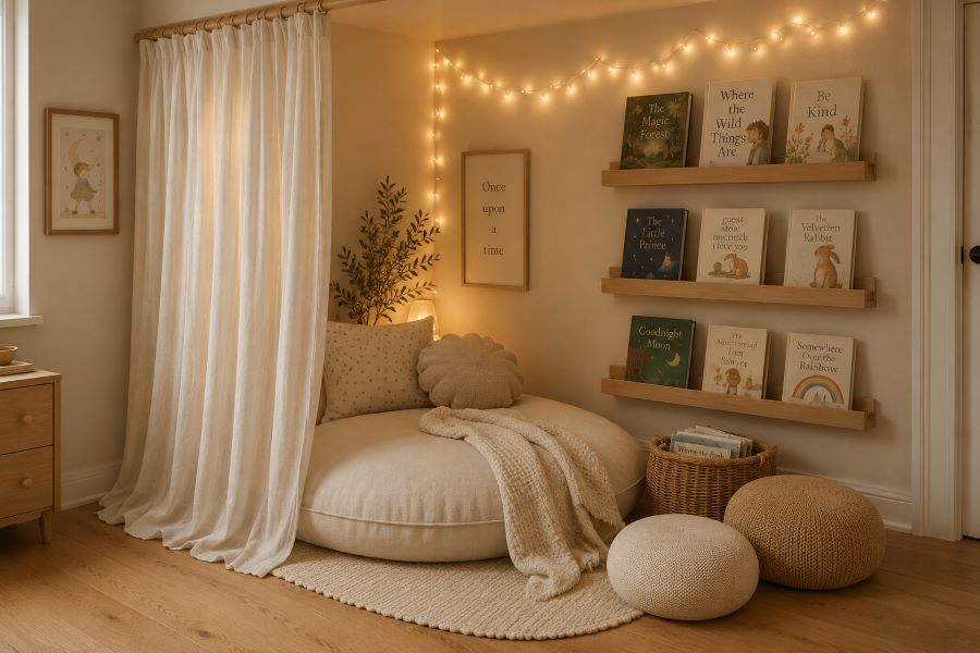 Neutral reading nook corner with soft cushioned seating