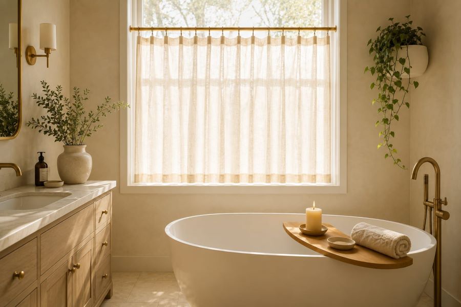 beige sheer bathroom curtains spa aesthetic natural light