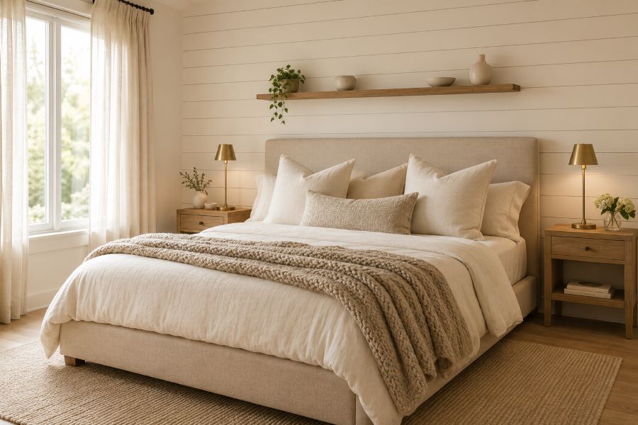 beige shiplap accent wall bedroom cozy quiet luxury