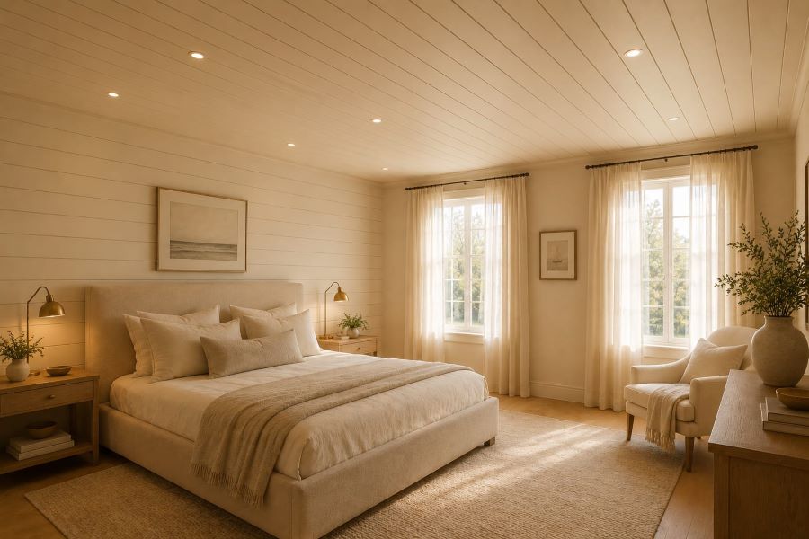 shiplap ceiling coastal quiet luxury bedroom