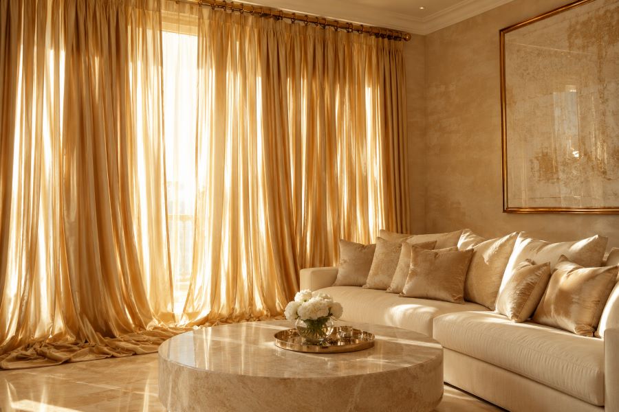 beige silk quiet luxury curtains gold rod living room
