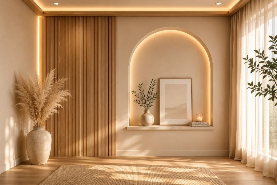 beige slat wood panel arch niche  wall with pampas grass