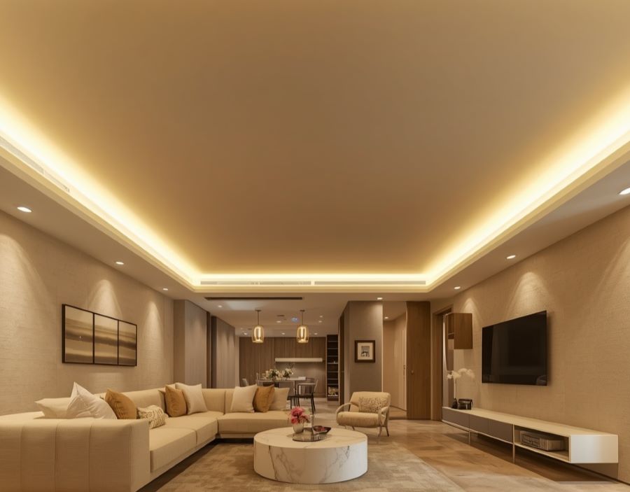 stretch ceiling decor idea with LED backlight contemporary living room
