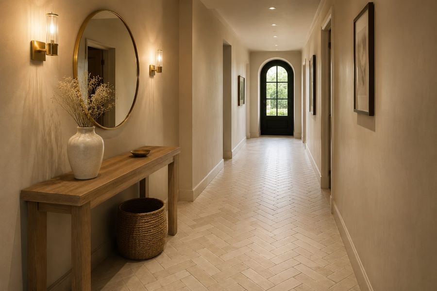 beige subway floor design with herringbone pattern hallway

