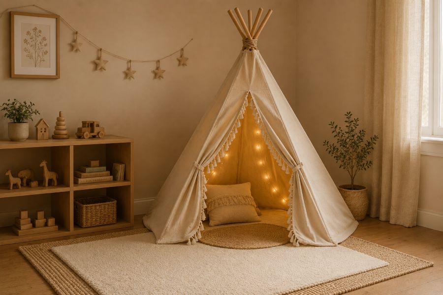 Beige teepee play tent for kids room decor ideas