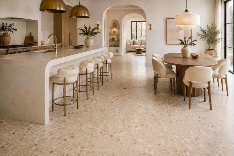 beige terrazzo floor tiles contemporary kitchen dining room
