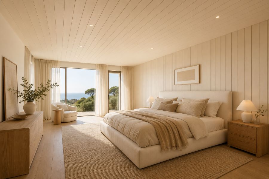 beige tongue groove ceiling Scandinavian coastal bedroom