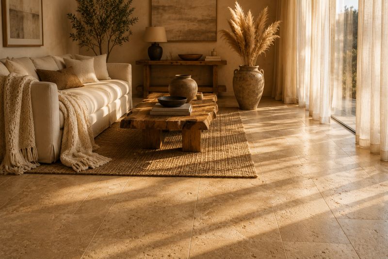  travertine style floor with organic modern living room design
