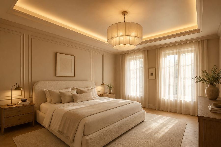 beige tray ceiling cove lighting quiet luxury bedroom
