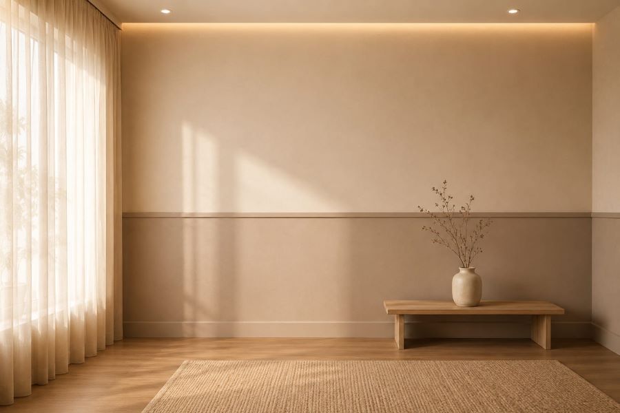 two tone wall with wooden bench ceramic vase