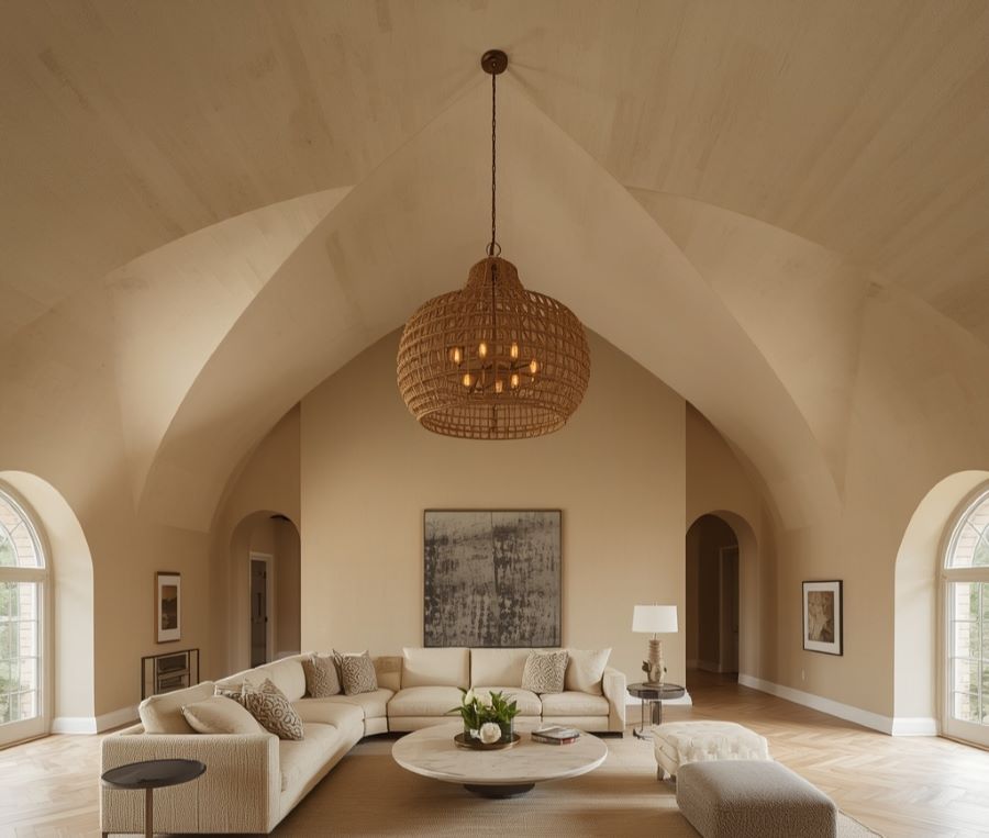 vaulted ceiling decor ideas with rattan chandelier living room
