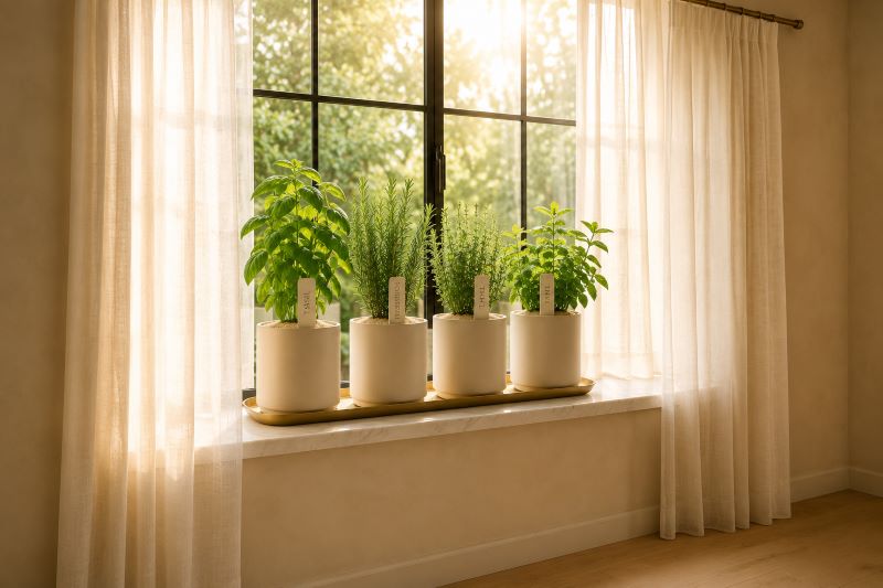 Beige windowsill garden display corner with green plants
