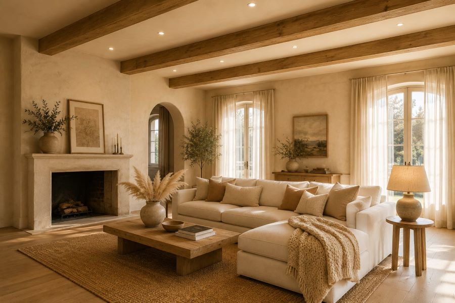 beige wooden beam ceiling design with organic modern living room