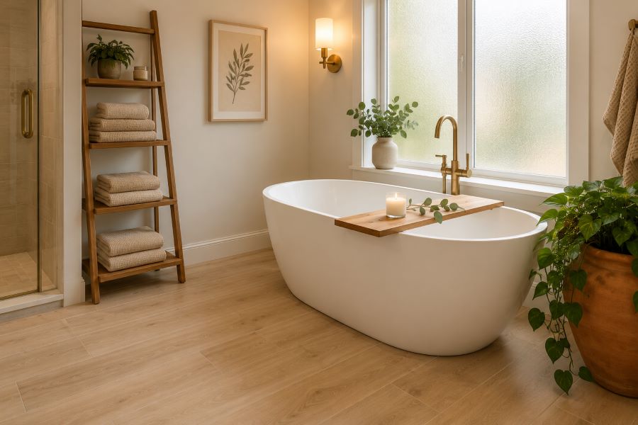 wood look porcelain tiles for spa bathroom