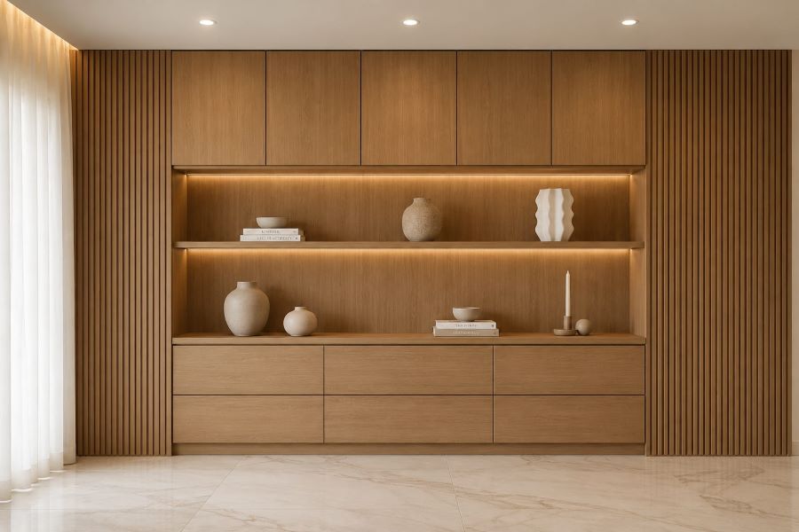 beige wooden panel wall built-in shelves LED lighting