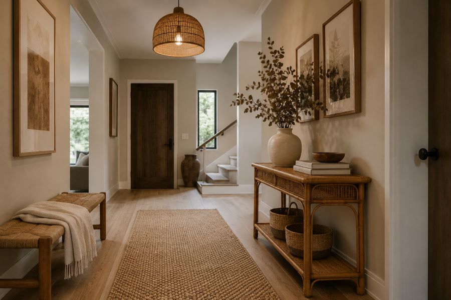  hallway with jute runner rattan console and linen textures
