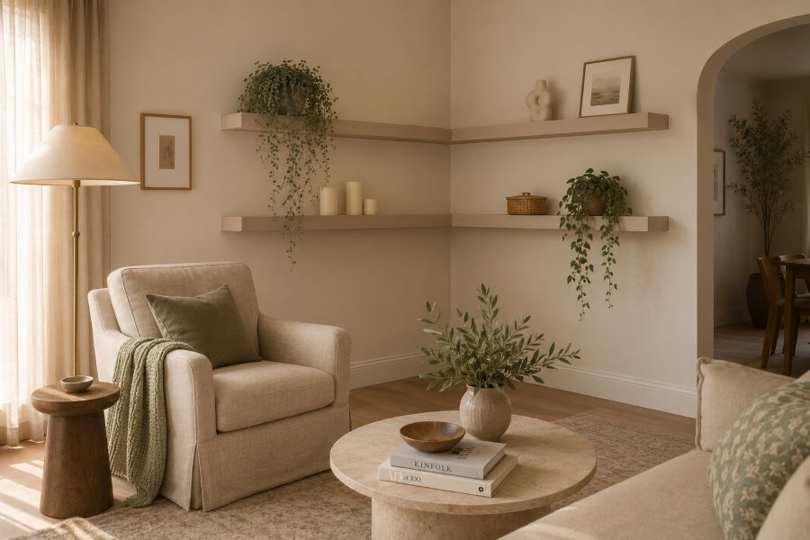 Beige living room corner floating shelves with trailing plant
