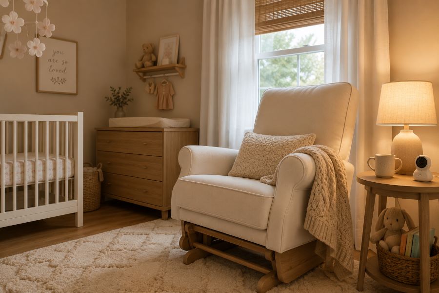 Beige nursery rocking chair corner with chunky knit throw and warm wooden side table