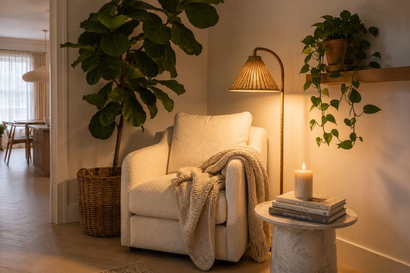 Cream boucle armchair with fiddle leaf for beige indoor plant corner