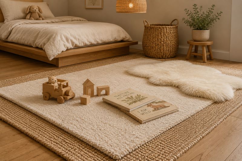 Cream tan layered rugs neutral kids bedroom ideas