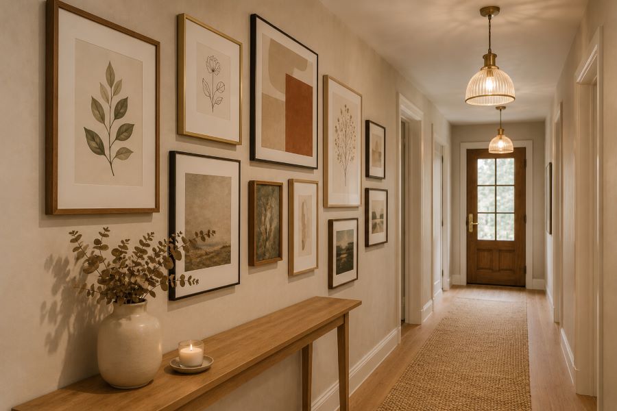 Neutral gallery wall in hallway with console table
