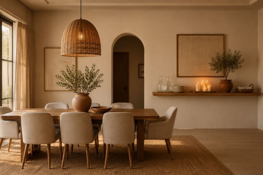 Warm beige dining room floating shelf with plates and candles