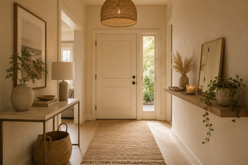  Welcoming beige entryway floating shelves decor with pampas grass
