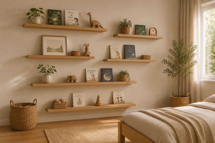 Floating shelves with books, toys and neutral interior