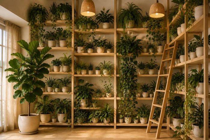 Floor-to-ceiling shelving with indoor plants beige corner
