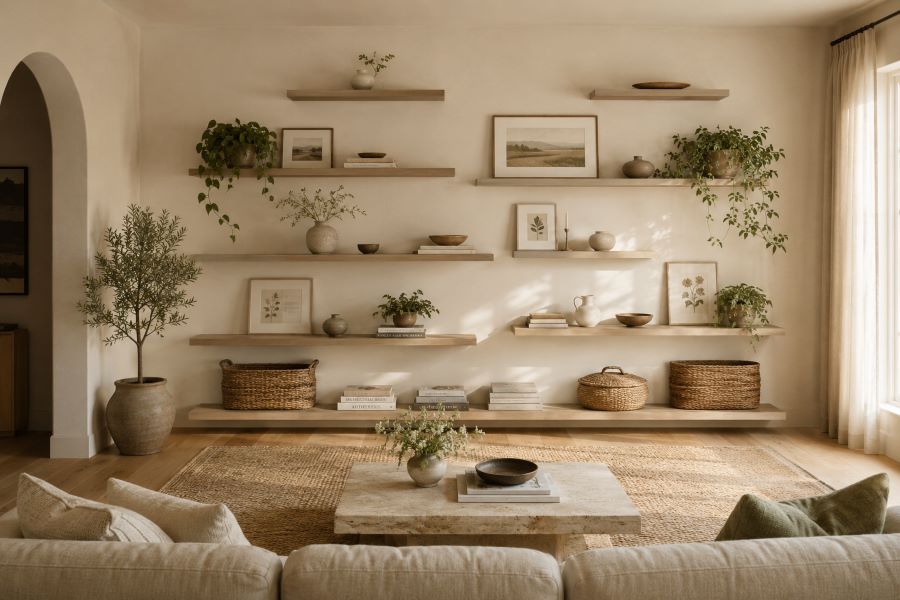 Beige living room full accent wall with layered floating shelves