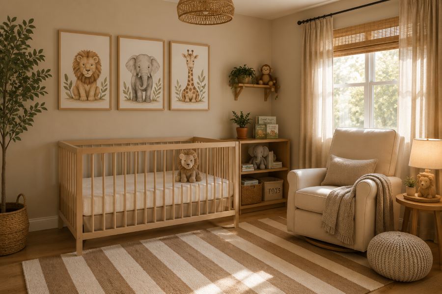 beige nursery with safari theme, striped rug and stuffed animals
