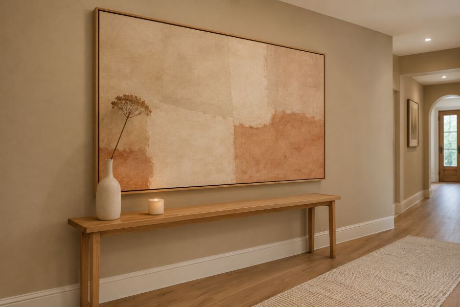 Large abstract art print on wall in minimal beige hallway