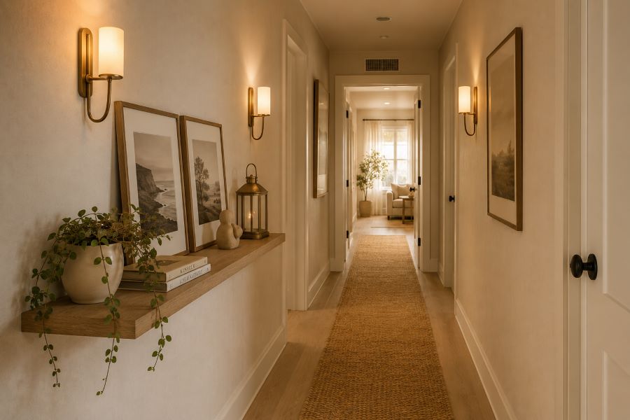 Narrow beige hallway floating shelf decor with neutral frames
