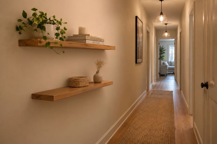Floating wood shelves styled in small hallway
