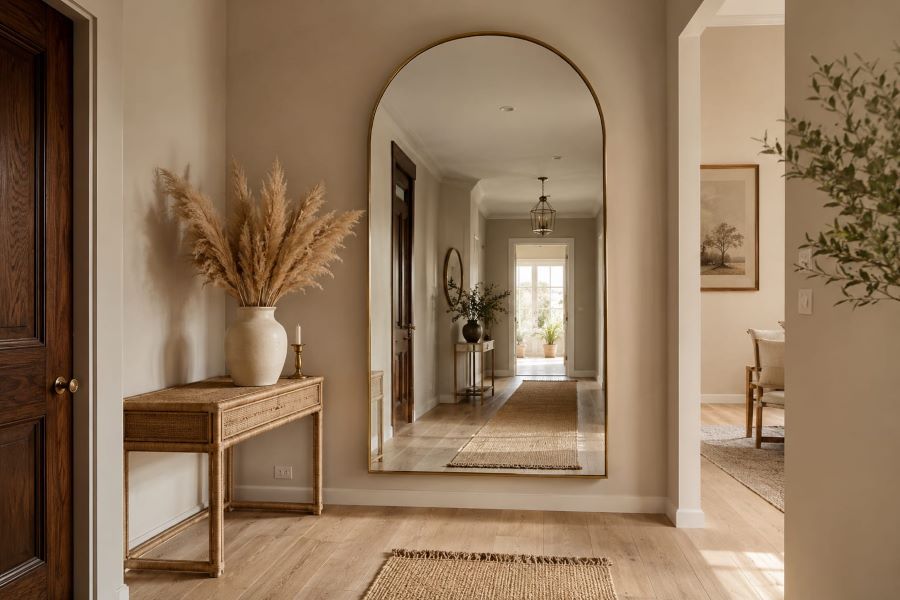 Tall arched brass mirror in warm beige hallway